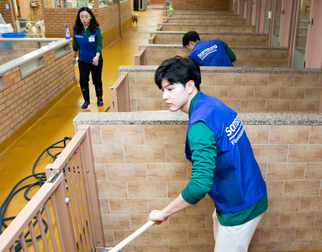 Samsung employee volunteers are cleaning the kennel at the guide dog school.